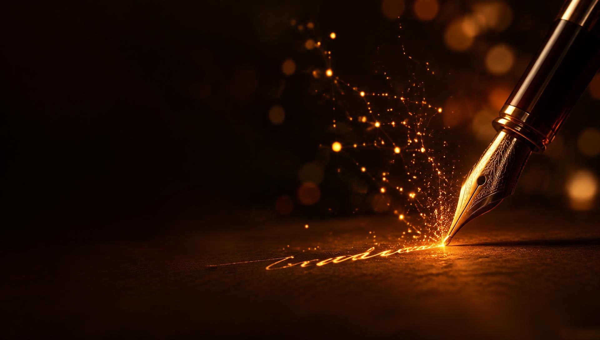 A fountain pen writing a line of glowing light, sparks rising into a constellation